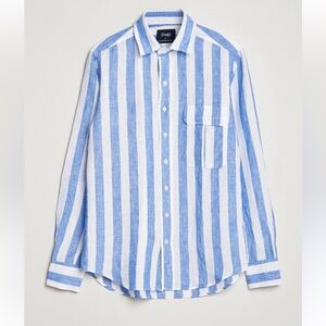 Drakes Blue and White Striped Casual Shirt Drake's Broad Stripe Linen Collar
